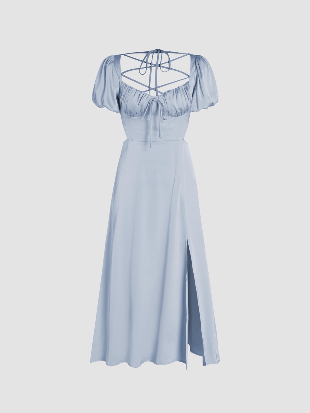 Light Blue Puff-Sleeve Maxi Dress With Tie-Back